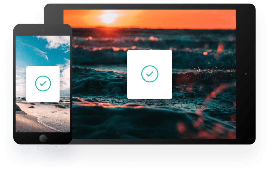 Image of phone and ipad with white modal and green checkmark with circle.